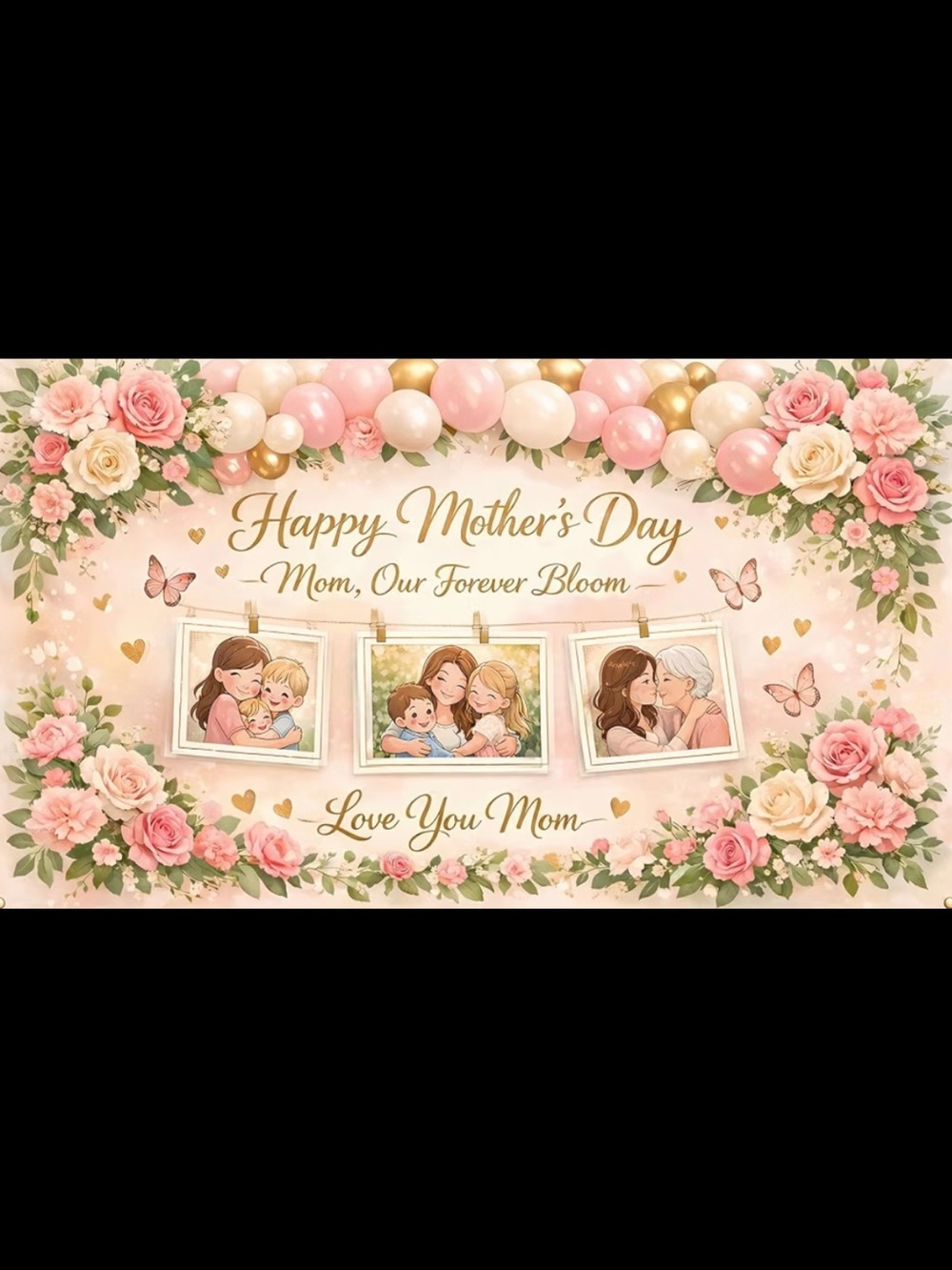 Happy Mother's Day Floral Balloon Banner- Pink & Gold